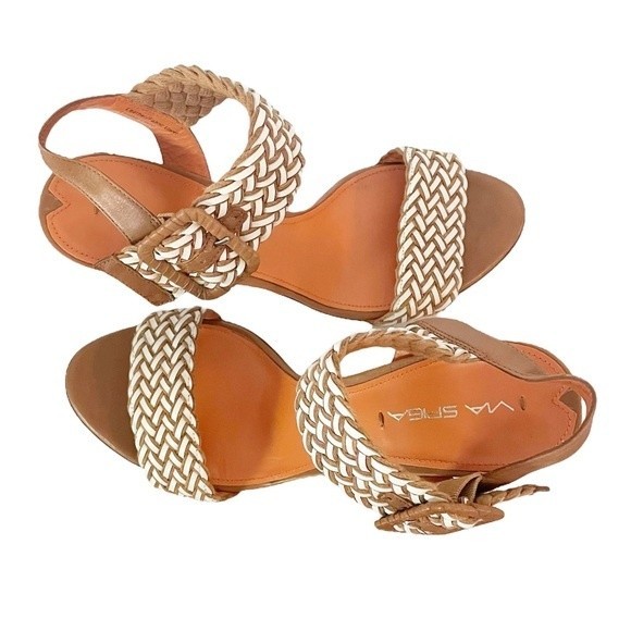 Via Spiga Woven Leather Heeled Ankle Strap Sandal Tan & White Women’s Size 9.5 - Picture 3 of 12